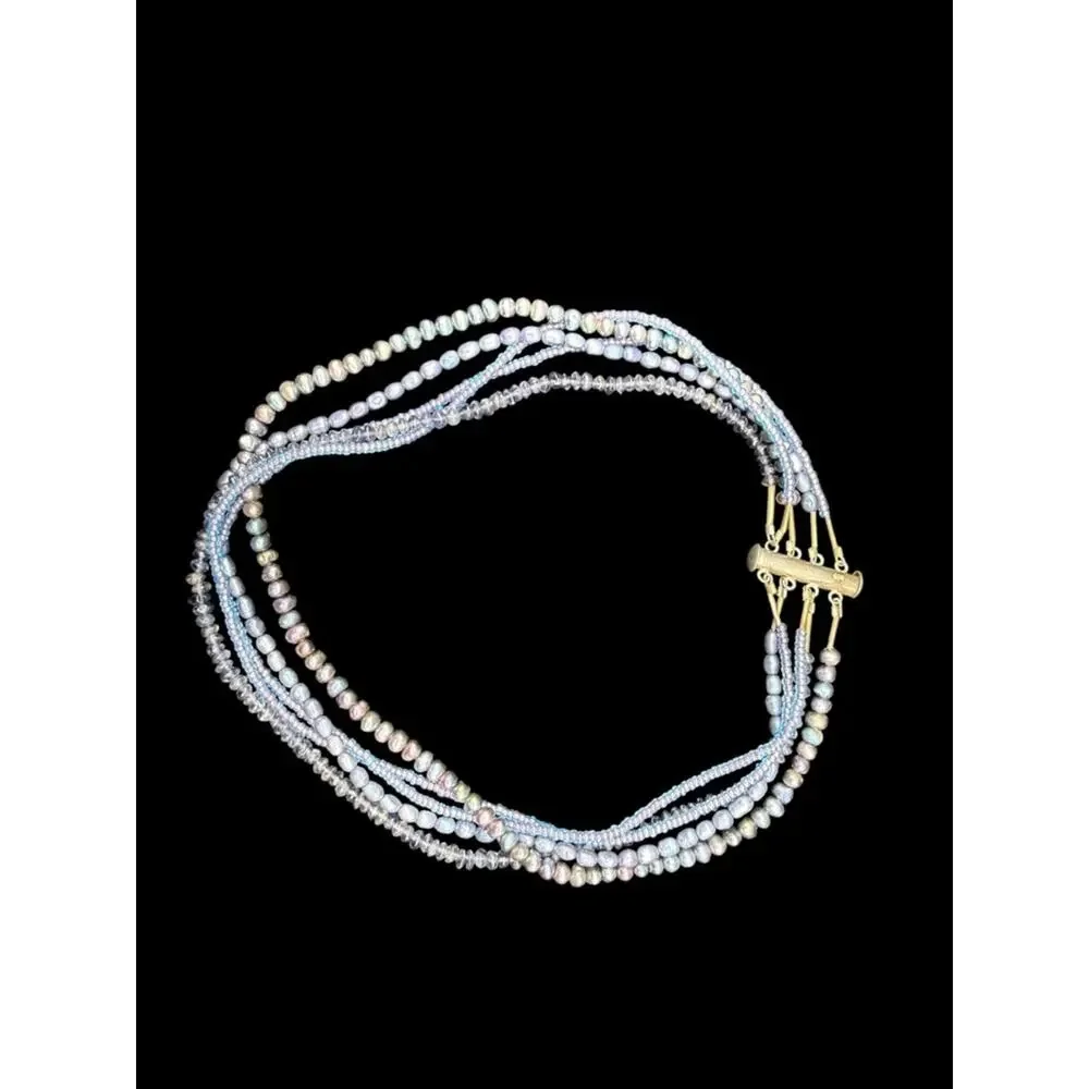 Sterling Silver 925 Multi-Strand Iridescent Blue Pearl Bead Necklace
